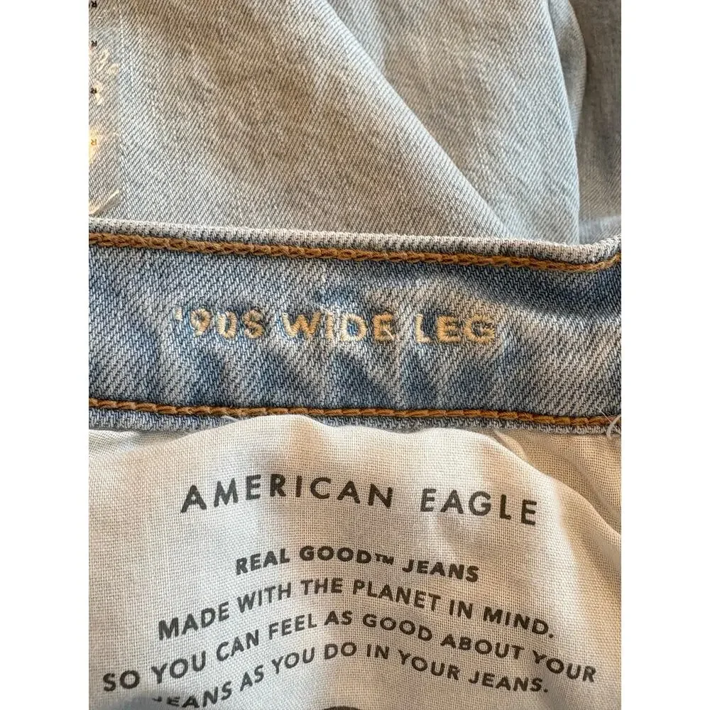 American Eagle 90s Wide Leg Jeans Womens Sz 12 Blue High Rise Stretch Light Wash